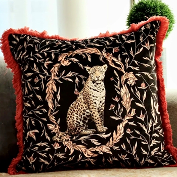 Cushion - Kitraya Leopard Black Velvet, Paprika Fringe  20SQ - Feather Insert