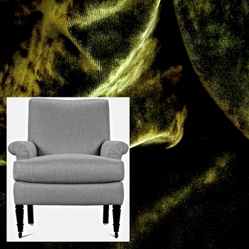 Robin Bruce Hannah Armchair Peridot Velvet 31W/36D/36H - 100% Polyester 100K DR Velvet Grade CC,  Antique Black Turned Legs, Brass castors.