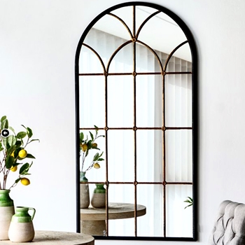 34W/67H Mirror - Arched Black Frame with Gold Trellis