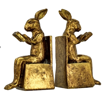 Bookends - Gold Reading Rabbits 4x3x7in Set of 2