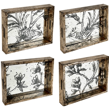 Tray - Mercury Glass Birds &  Florals Fontanne 12x10in Assorted Sold Individually