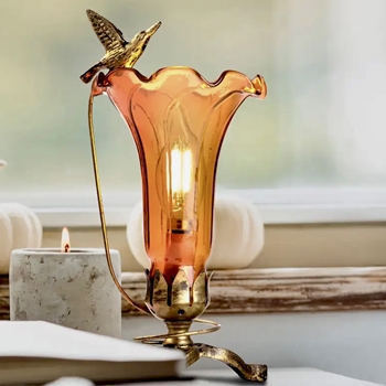 Lamp - Lily & Hummingbird Accent Stained Glass Amber 6x5x10in