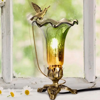 Lamp - Lily & Hummingbird Accent Stained Glass Green & Amber 6x5x10in