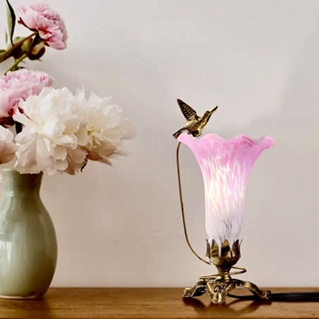 Lamp - Lily & Hummingbird Accent Stained Glass Pink 6x5x10in