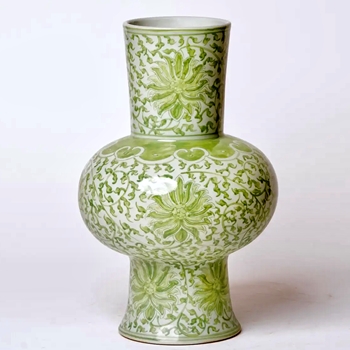 Vase - Green Toile Lotus Scroll Porcelaine 9x14in