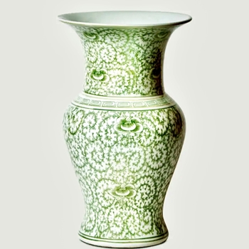 Vase - Green Toile Peony Scroll Porcelaine 9x14in