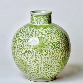 Vase - Green Toile Lotus Scroll Porcelain Globe 10x12in