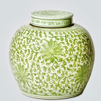 Jar - Green Toile Chrysanthemum Porcelain Globe 10in