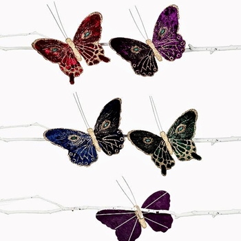 Ornament - Butterfly Velvet Glitter 5in Clip