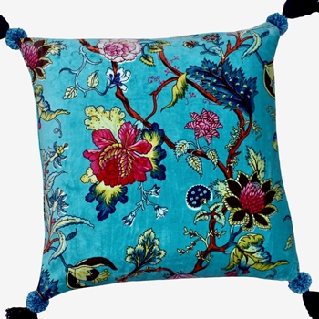 Cushion - Chinoiserie Velvet Teal W Tassels 20in SQ - Feather Rich Fill