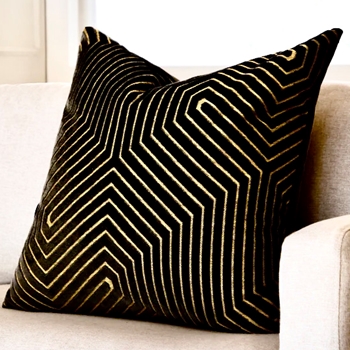 Cushion - Evoke Geometric Cut Velvet Black & Gold 18in SQ - Feather Rich Insert