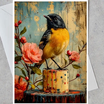 Greeting Card - Yellow & Black Bird on Cake