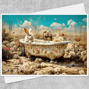 Greeting Card - White Rabbit Bathtub