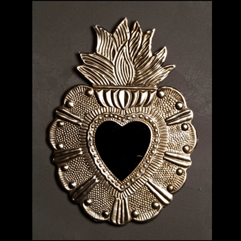 10W/14H - Mirror - Antique Silver Ex-Voto Heart Flames