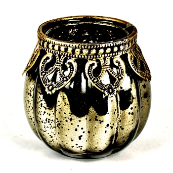 Tealight - Black Mercury Glass Fluted, gold Hearts trim Glass 3in