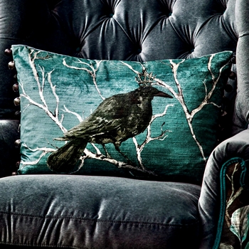 Cushion - Monarch Crow  Velvet Teal 26x16in - Feather Rich Insert