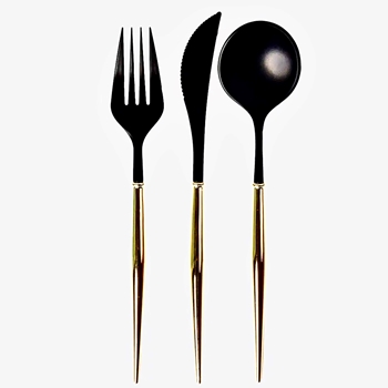 Cutlery Set -  Bella Black & Gold Plastic 3PC 8sets 24PC