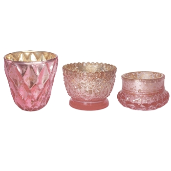 Tea Light /Votive - Embosses Glass Pink 4in Asst Shapes Sold Individually
