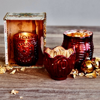Tea Light /Votive - Embosses Glass Red 4in Asst Shapes Sold Individually
