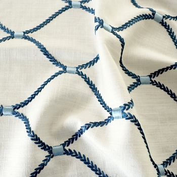Embroidered Linen Blend - Deane Porcelain Blue - 54in, 70% Rayon, 30% Linen, Repeat 4.25H x 6.5V 