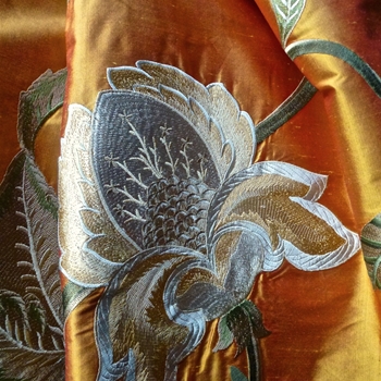 Silk Embroidered - Magnolia Saffron Bronze - 100% Silk Shantung, 54in, Repeat 30V x 25H, Dry Clean Only, Do not expose to sunlight. 