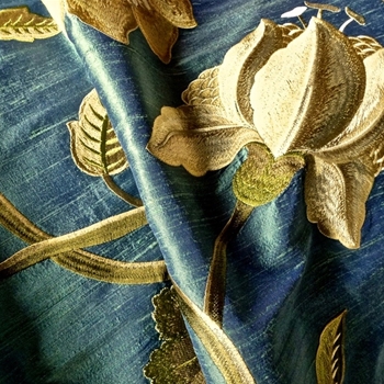 Silk Embroidered - Magnolia Verde Bronze - 100% Silk Dupioni, 54in, Repeat 30V x 25H, Dry Clean Only, Do not expose to sunlight. 