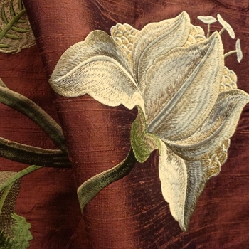 Silk Embroidered - Magnolia Rust Bronze - 100% Silk Shantung, 54in, Repeat 30V x 25H, Dry Clean Only, Do not expose to sunlight. 