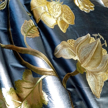 Silk Embroidered - Magnolia Steel Bronze - 100% Silk Dupioni, 54in, Repeat 30V x 25H, Dry Clean Only, Do not expose to sunlight. 