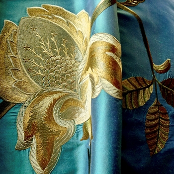 Silk Embroidered - Magnolia Azure Bronze - 100% Silk Shantung, 54in, Repeat 30V x 25H, Dry Clean Only, Do not expose to sunlight.