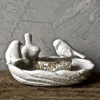 Soap Dish - Birdnest 3 Birds White Ceramic 6in