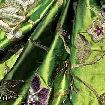 Silk Embroidered - Magnolia Peridot Amethyst - 100% Silk Dupioni, 54in, Repeat 30V x 25H, Dry Clean Only, Do not expose to sunlight. 