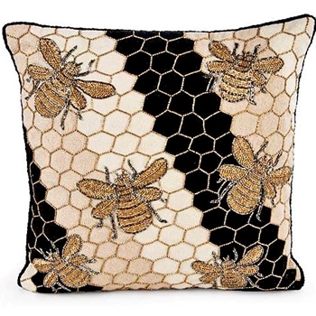 MacKenzie Childs Cushion - Beekeeper Gold Black Embroidered 16SQ 