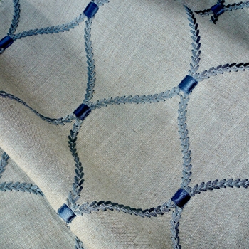 Embroidered Linen Blend - Deane Flax Storm Blue - 54in, 70% Rayon, 30% Linen, Repeat 4.25H x 6.5V 