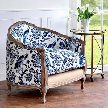 Armchair - Bluebird Toile Settee - 29W/37D/36H - Oak Frame - Durable Woven Jacquard Polyester Cover