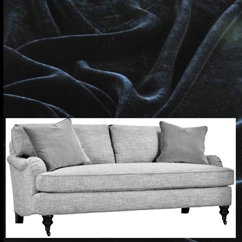 Robin Bruce - Brooke Sofa Black Velvet 86W/37D/35H. Bench Seat. Black 100% Polyester Velvet upholstery GR CC, Antique Black Turned Legs, Antique Brass Castors.