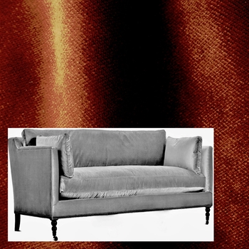 Robin Bruce Madeline Sofa Rust  71W/40D/34H. 100% Polyester Velvet 70K DR, Grade CC. Black Nickel Nails, Antique Black Turned Legs, Pewter Castors.