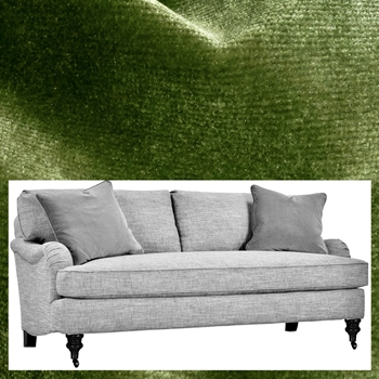 Robin Bruce - Brooke Sofa Peridot 86W/37D/35H Bench Seat. 100% Polyester Velvet GR CC, 100K DR, Antique Black turned Legs, Antique Brass Castors.