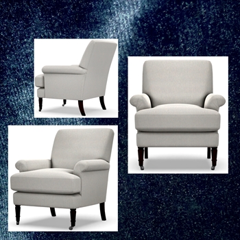 Robin Bruce Hannah Armchair Indigo Velvet 31W/36D/36H - 100% Polyester 100K DR Velvet Grade CC,  Antique Black Turned Legs, Brass castors.