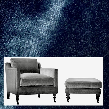 Robin Bruce Madeline Armchair Indigo Velvet 33W/36D/32H -  100% Polyester Velvet 100K DR,  Black Nickel Nails, Pewter Castors, Antique Black Leg finish.