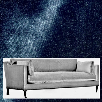 Robin Bruce Madeline Sofa Indigo 90W/40D/34H - 100 % Polyester Velvet, 100K DR, Grade CC, Antique Black Turned Legs, Pewter Castors, Black Nickel Nails