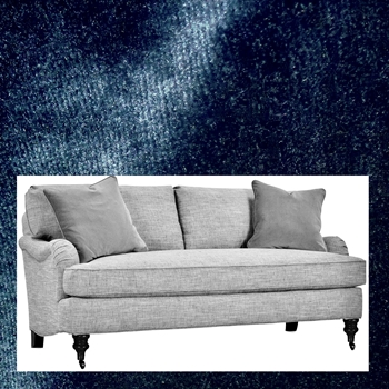 Robin Bruce - Brooke Sofa Indigo 86W/37D/35H Bench Seat. 100% Polyester Velvet GR CC, 100K DR, Antique Black turned Legs, Antique Brass Castors.