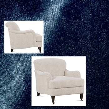 Robin Bruce Brampton Armchair Indigo 33W/40D/34H - 100% Polyester Velvet, 100K DR, GR CC, Antique Black Tapered Legs, Brass Castors.