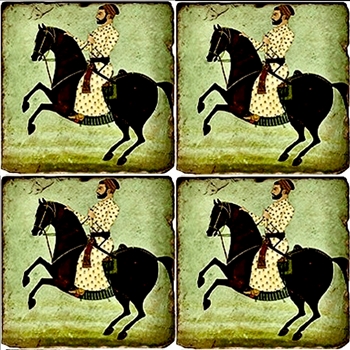 Coaster - Tumbled Marble Set4 - Mughal Miniatures Prince on Black Horse 