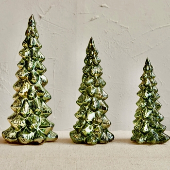 Tree - Glass LED Lit Green & Gold Set of 3 - 5W x 8, 10, 12in 