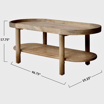 Coffee Table - Oval Tray 47x19x18H with Cane Lower Shelf,  Mango Wood Natural 