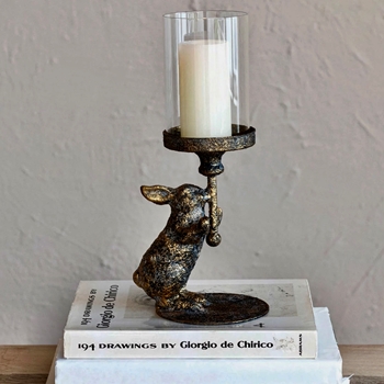 Candlestand - Rabbit  Bronzed Metal with Hurricane 6x5x12H