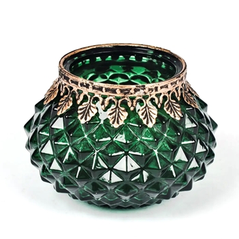 Tealight - Emerald Crystal, gold Leaves trim Glass 4in