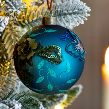 Ornament - Globe Teal Glass - Sequin Butterfly 4in