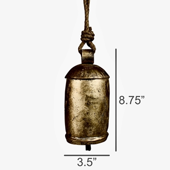 Bell - Temple Bell India Chauk Brass Finish LG 3.5x9in on rope loop