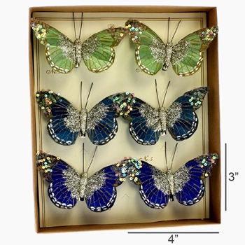 Ornament - Butterflies Teal, Cobalt, Lime - Sequin 4in Set of 6 in display box